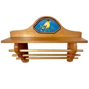 Handmade Wood Shelf Dowel Rack Painted Goldfinch Bird Towel Kitchen Storage